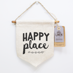 Irish Linen, Happy Place, Mini Screen Printed Wall Banner. - Itty Bitty Book Co Pennant Wall Hangings, Positivity, gift